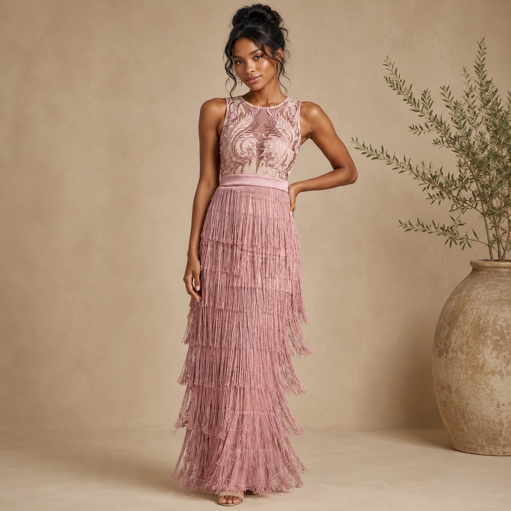 NWOT Venus Embroidered Fringe Dress Size 8 Blush Pink Gatsby Cocktail NO RETURN